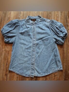 Truth Womens Denim Cute Cottagecore Romantic Puff Sleeve Hidden Button Blouse S